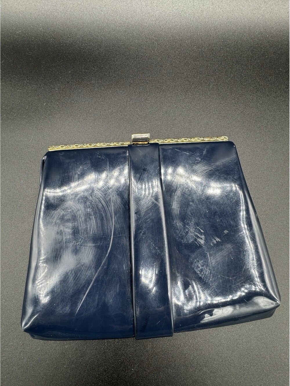 Vintage 1960s Navy Blue Clutch Purse Gold Frame Chain Evening Bag